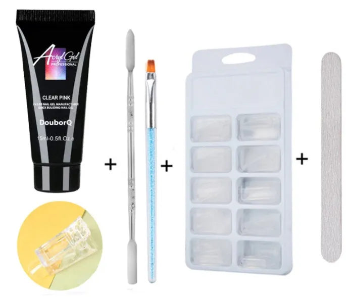Clear nail polish art kit with resin gel, sponge, brush, and nail sticker for DIY manicure