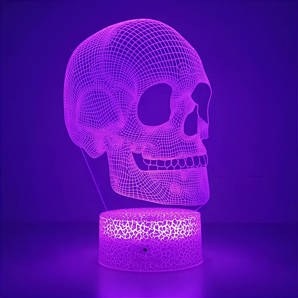 Acrylic 3D small night lamp in skull shape, geometric stereo design, with black base and USB cable
