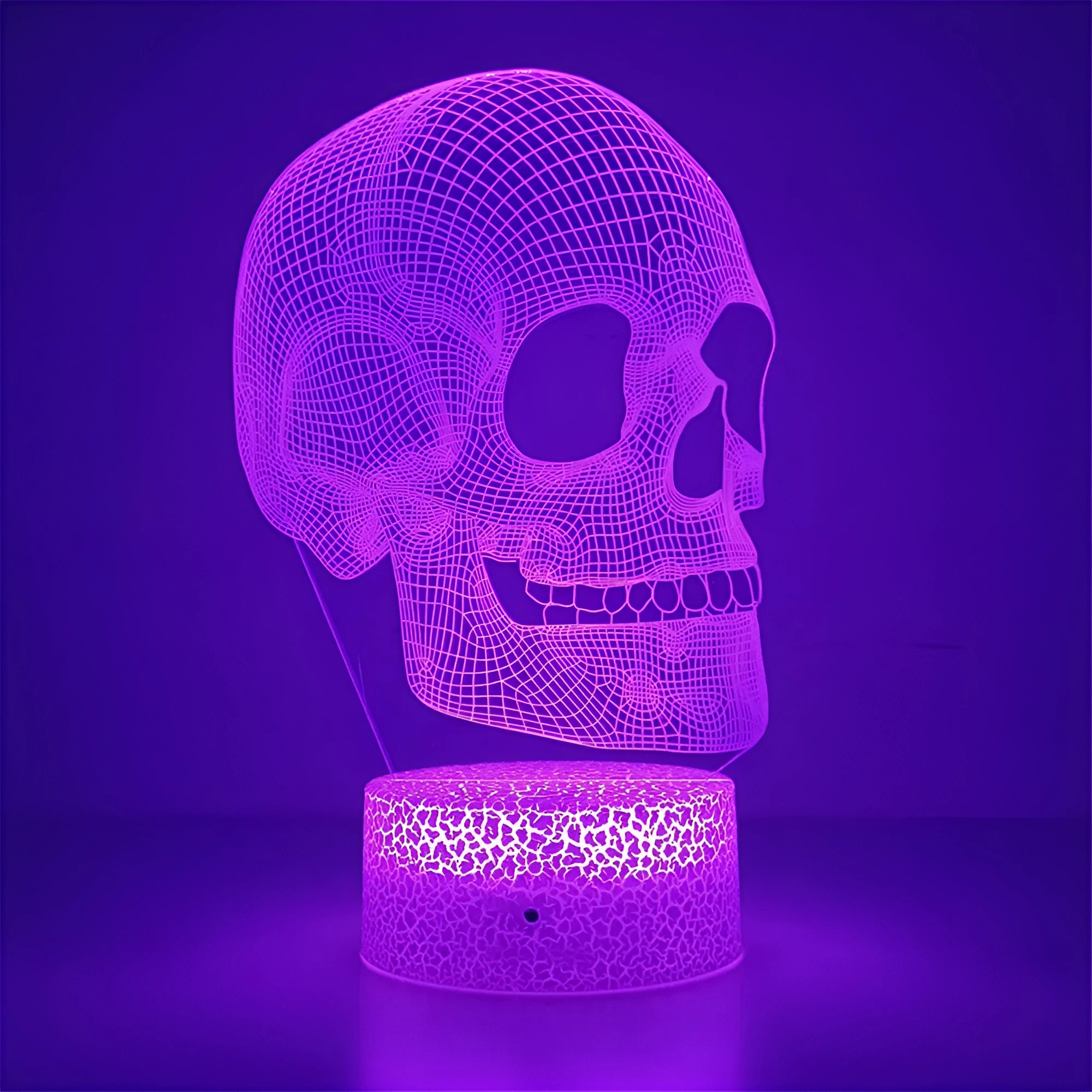 Acrylic 3D small night lamp in skull shape, geometric stereo design, with black base and USB cable