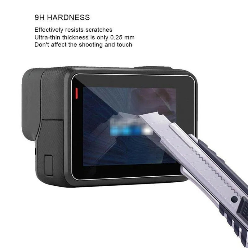 Transparent 9H tempered glass lens and screen protector films for GoPro Hero 5, 6, 7 cameras