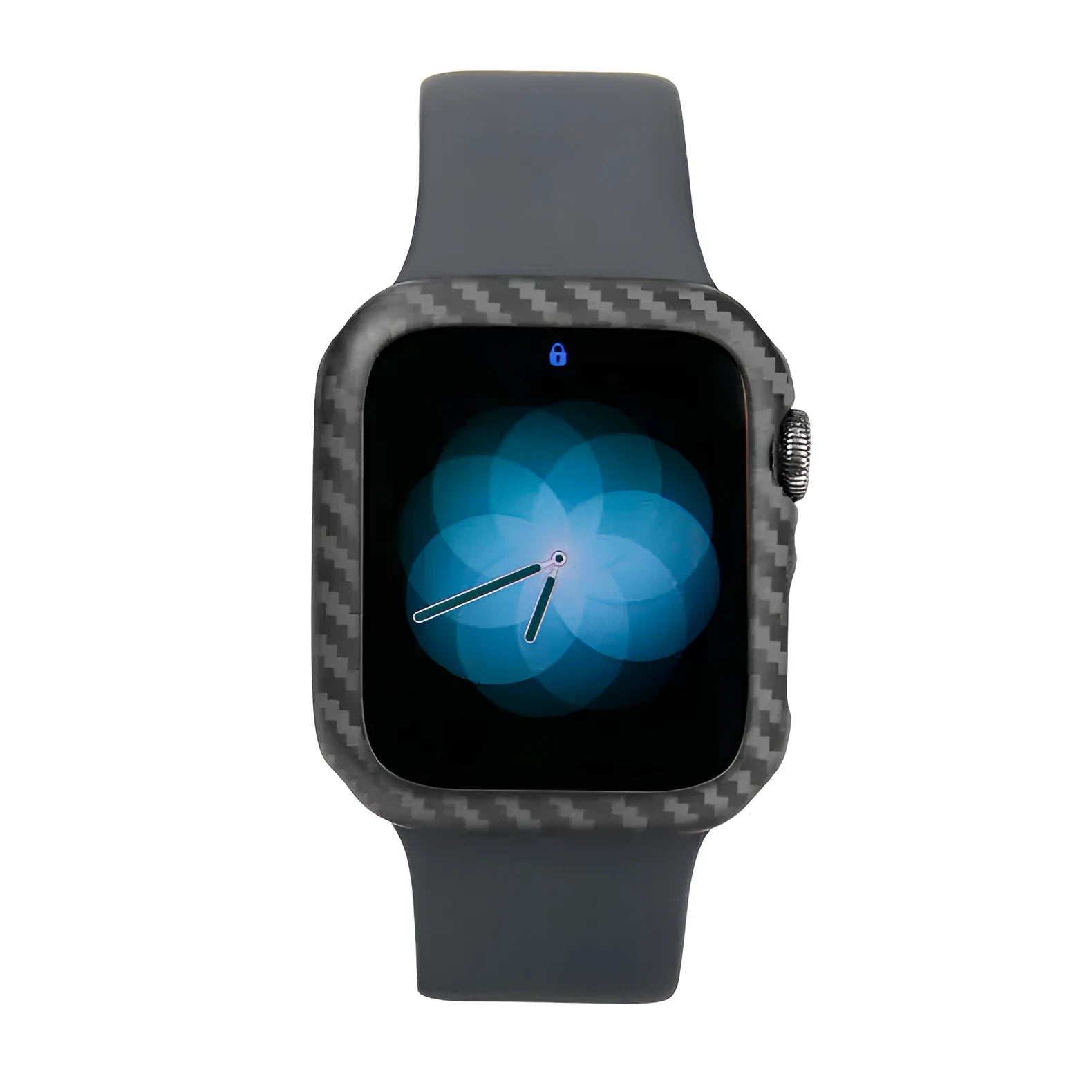 Apple Watch 4 in a slim black leather protective case showing front and side views.