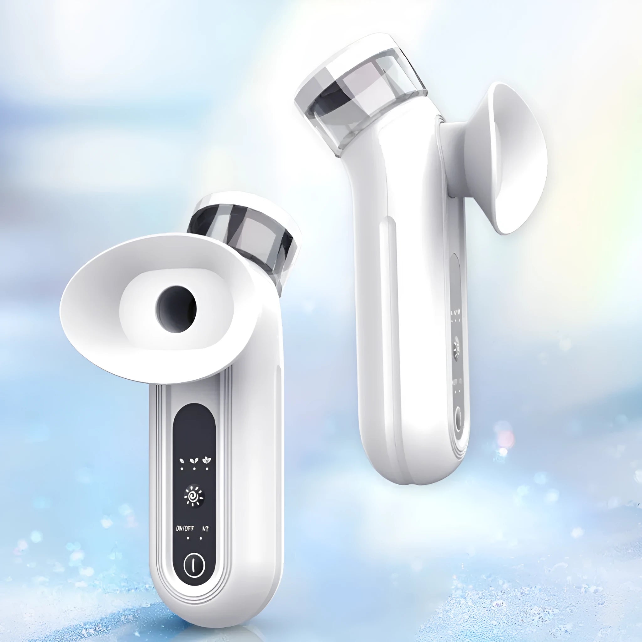 White portable rechargeable eye compress and atomisation device with included eye mask on a table.