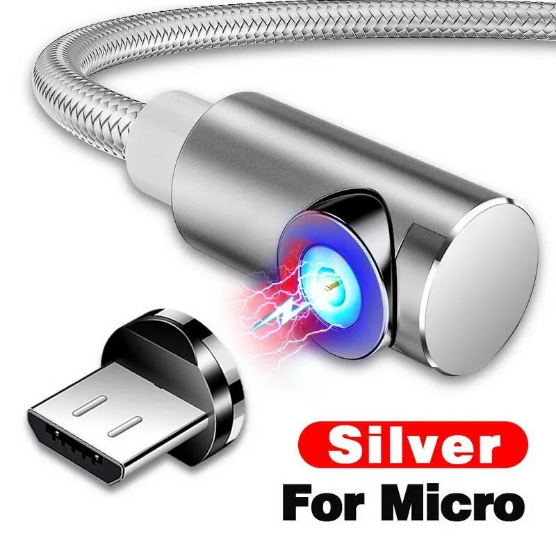 Black magnetic USB charging cable with aluminium connectors for Micro USB, Type C, and Lightning phones.