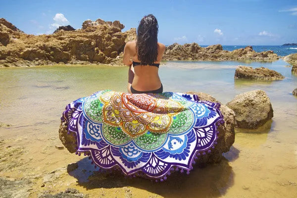 Round 150cm printed tassel yoga mat and beach towel in retro ethnic design with colour options
