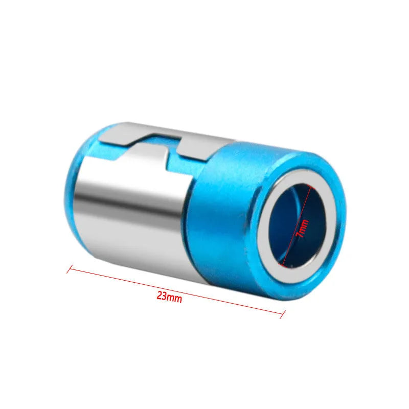 Light blue screwdriver bit with magnetic ring for slotted screw assembly