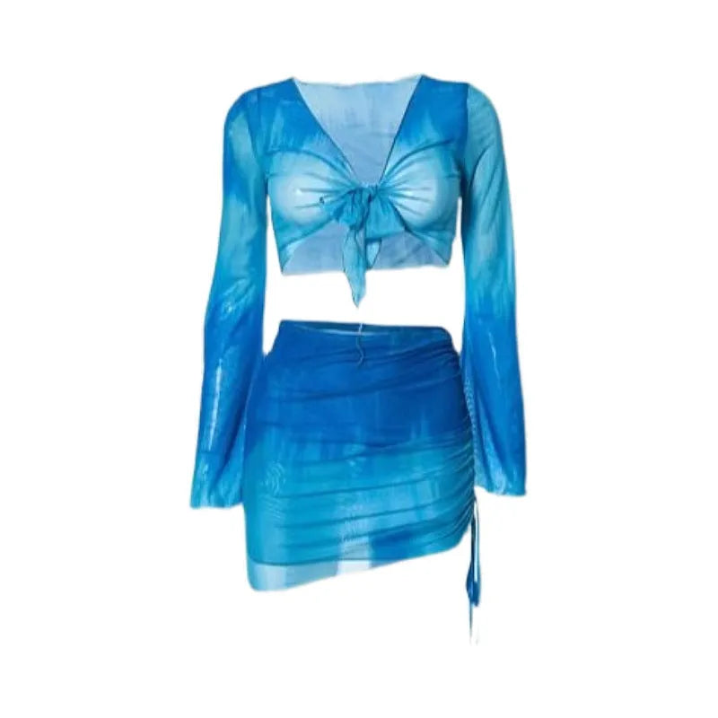 Blue women's high-waist bikini four-piece set showing shirt, bra, briefs, and skirt laid flat.
