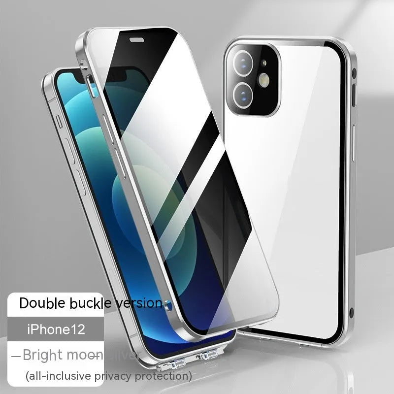 Glass privacy screen iPhone case with double-sided buckle, shown in black, blue, gold, green, and silver colour options.