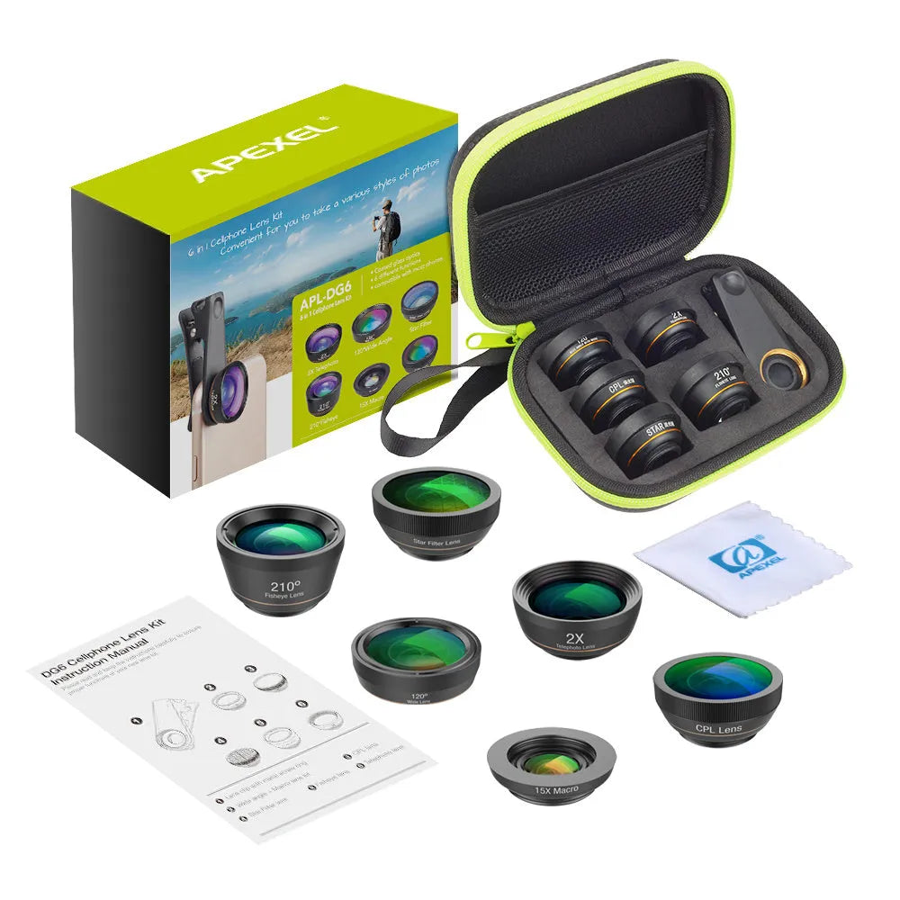 Black 6-in-1 smartphone lens kit with fisheye, macro, telephoto, CPL, and star filters next to a phone on a table.