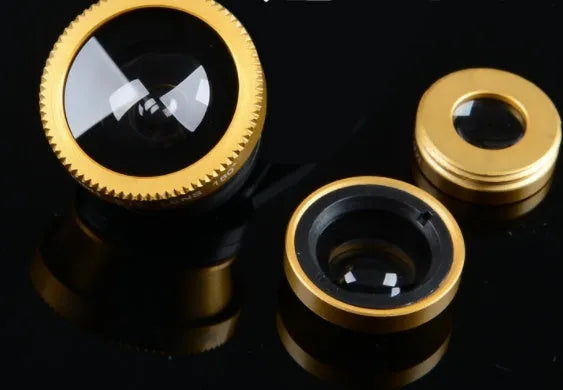 Mobile phone fisheye lens three-in-one kit with fisheye, wide-angle, and macro attachments in various colours