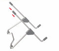 Grey aluminium alloy and plastic adjustable stand holding a mobile phone on a desk.