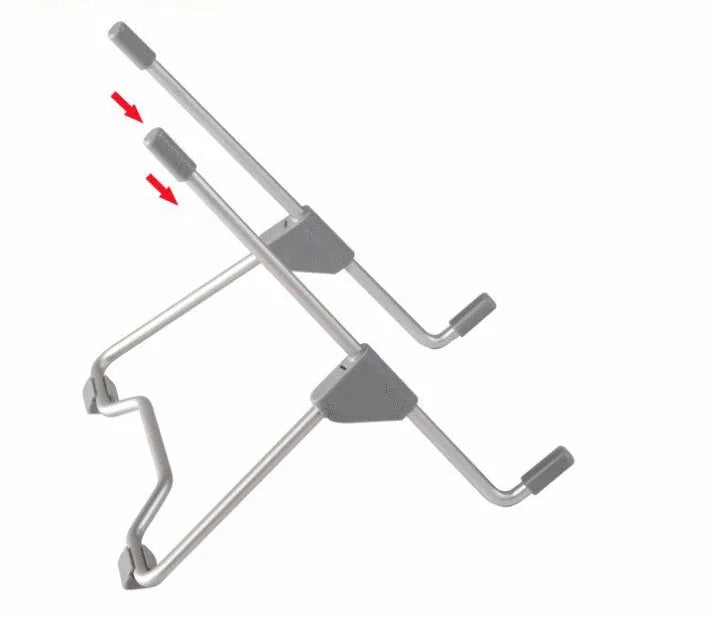 Grey aluminium alloy and plastic adjustable stand holding a mobile phone on a desk.