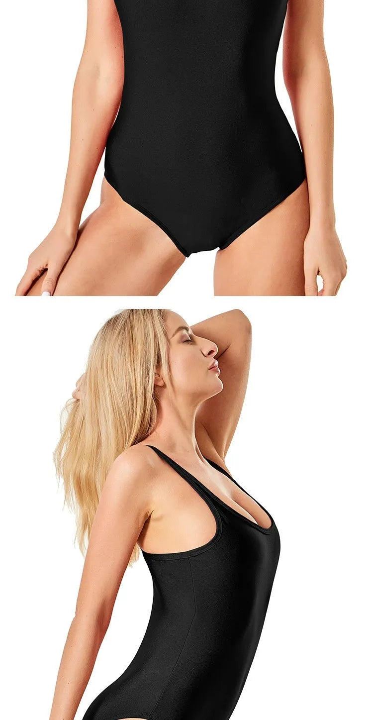 Black nylon-polyester women's swimsuit brief on plain background