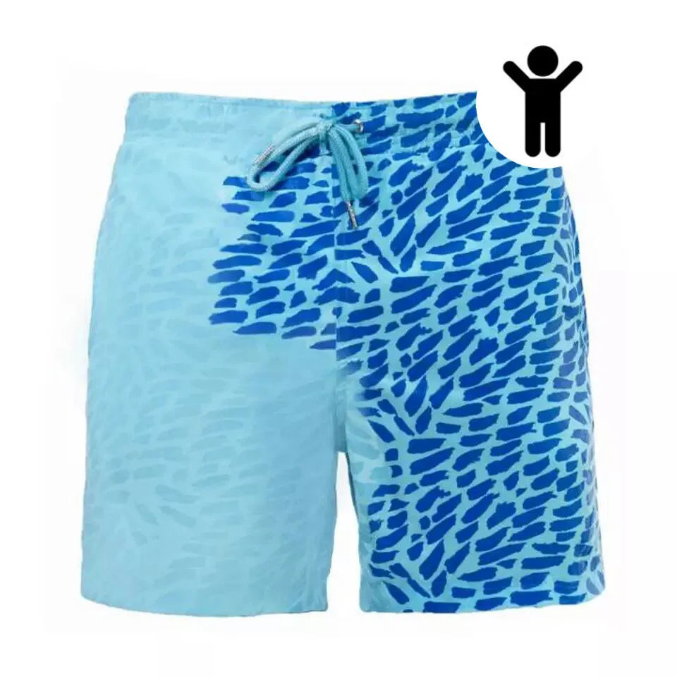Magical colour-changing beach shorts for men in blue, with drawstring waist and quick-dry polyester fabric