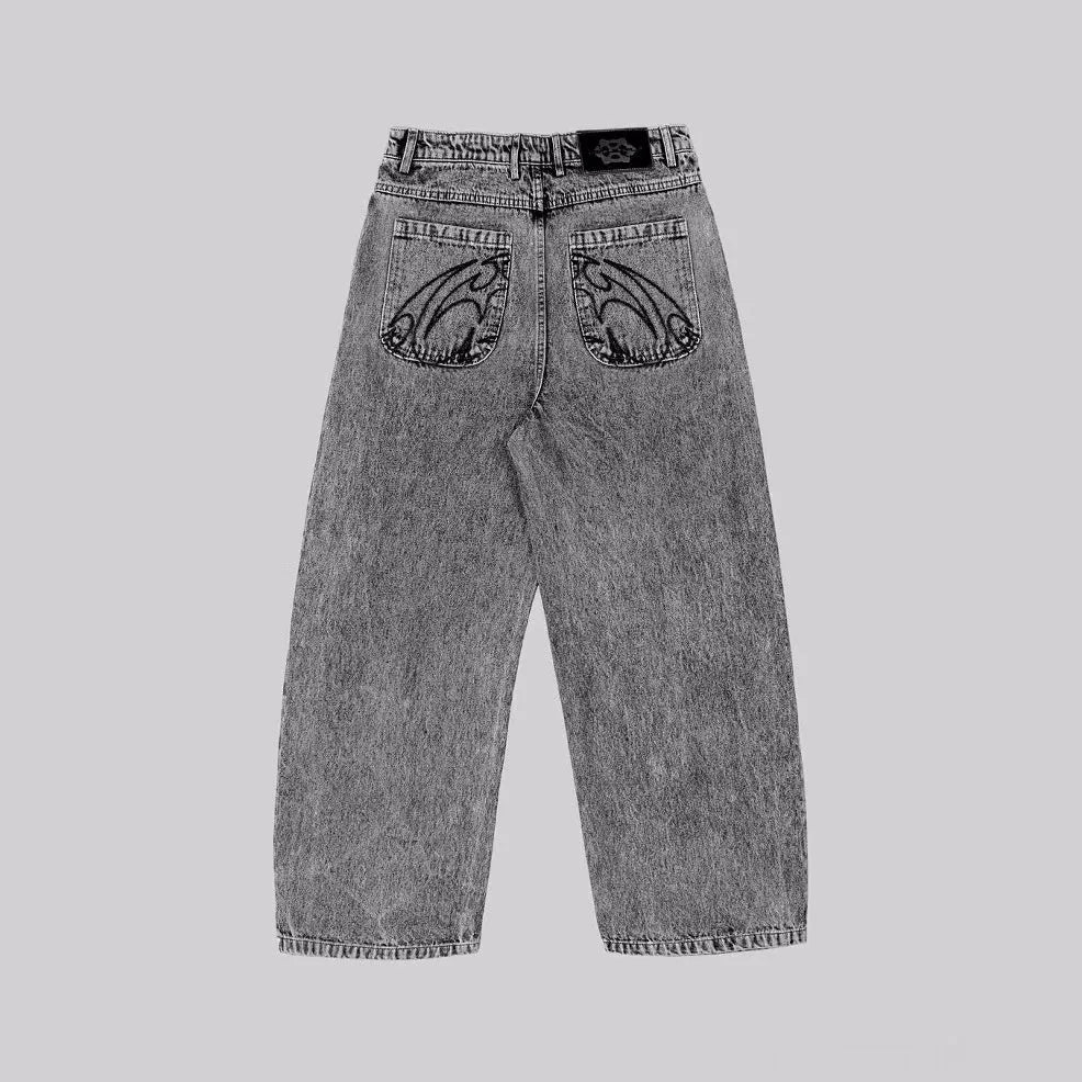 Gray loose straight-leg denim trousers with mid waist on hanger