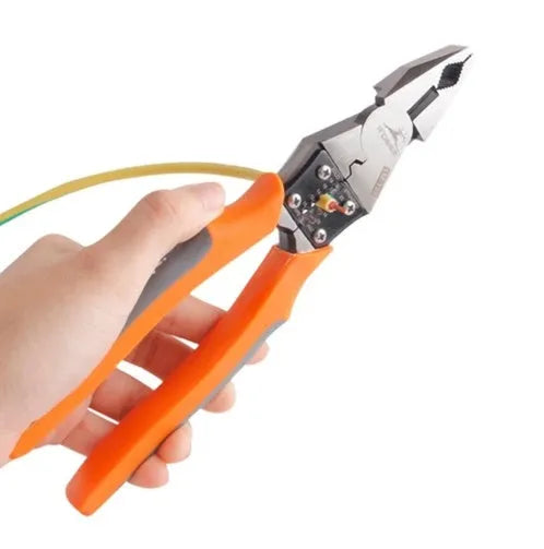 Orange multi-function wire cutter pliers with alloy steel head and plastic handles on a workbench
