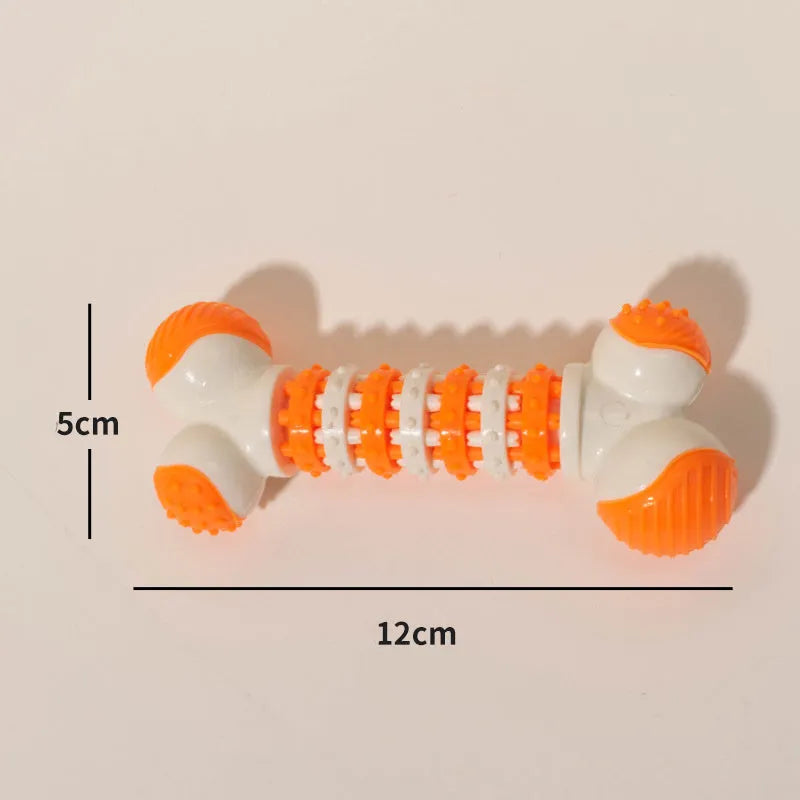Blue, orange, and red bone-shaped interactive chew toy with treat holder for small breed dogs.