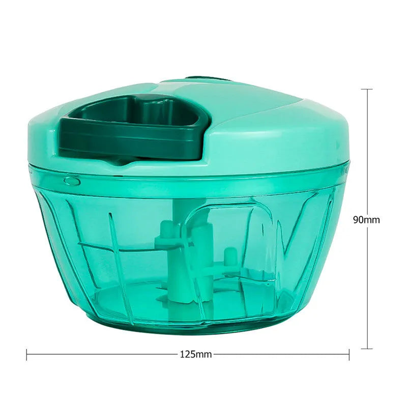 Green manual food chopper with stainless steel blades, showing 500ml capacity bowl.