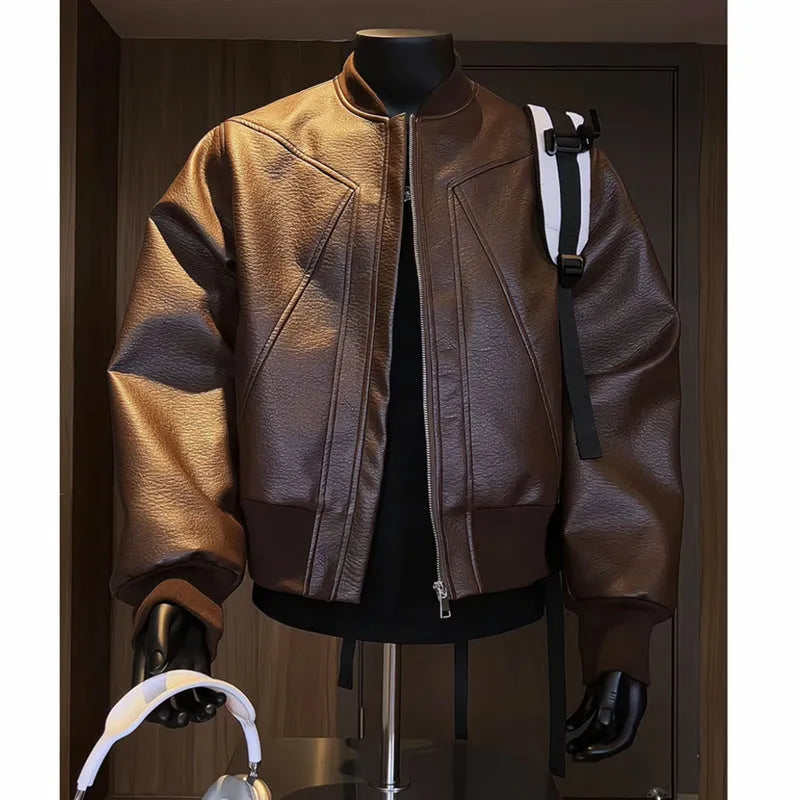 Men's black PU leather jacket with egg white finish and litchi pattern texture, extended length tight fit