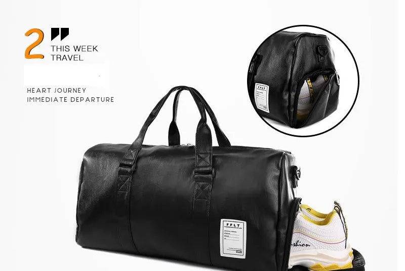 Black waterproof sports fitness bag with separate shoe compartment and diagonal shoulder strap.