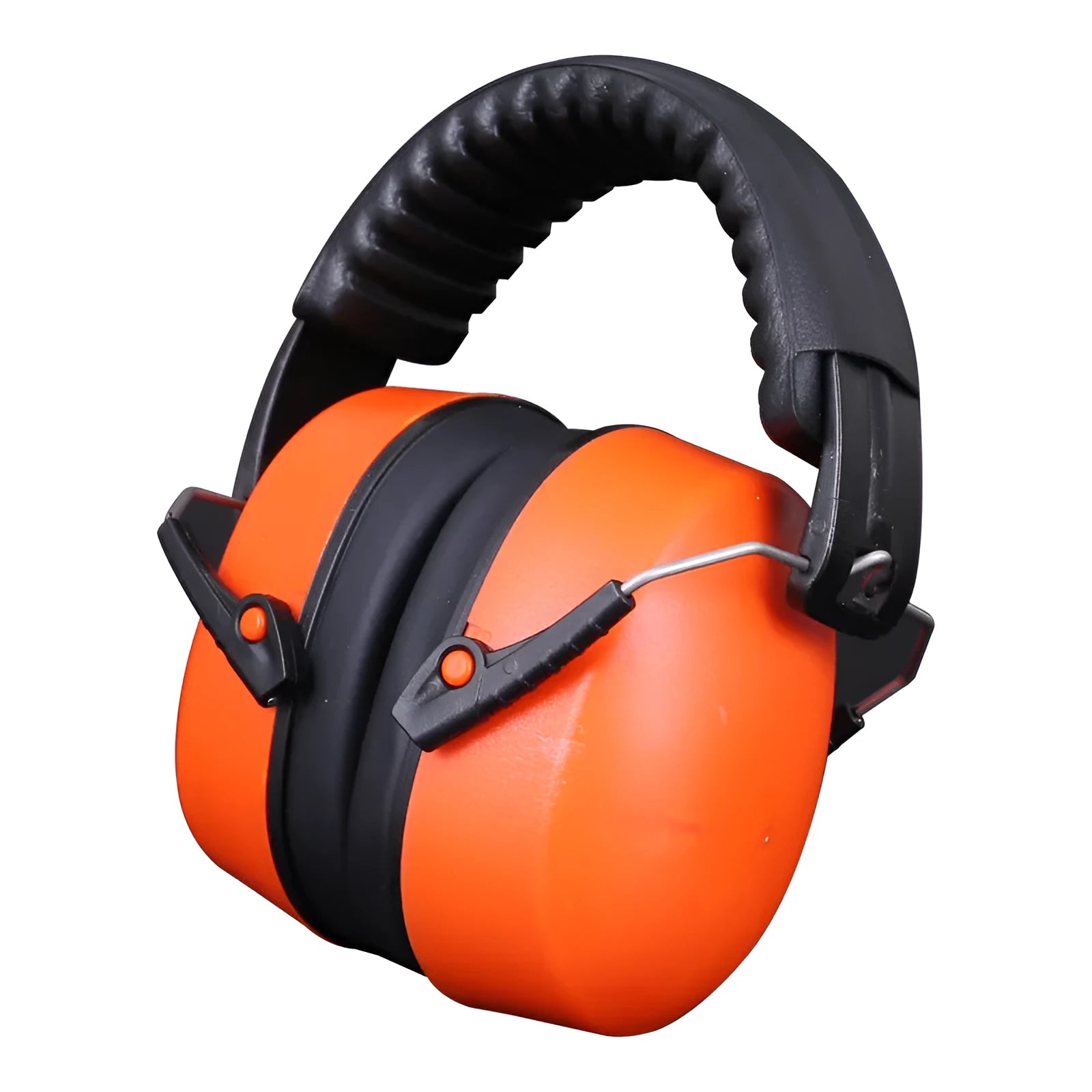 Orange Earpower Pro adjustable noise-cancelling headband with large ear cups on a grey background.