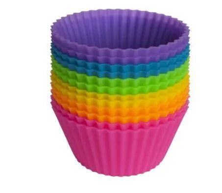 Twelve reusable silicone cupcake liners in six colours, two cups per colour, with a nonstick surface.