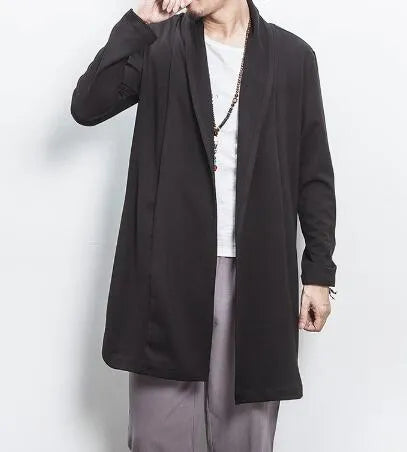 Men's casual linen blend cardigan in dark gray, loose fit with lapel collar, front view