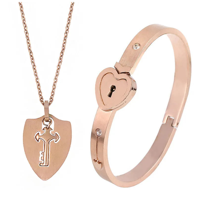 Titanium steel couple love lock bracelet key set necklace in electroplated finish