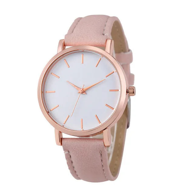 Square quartz watch with PU leather strap and alloy case in a selection of colours on a white background.