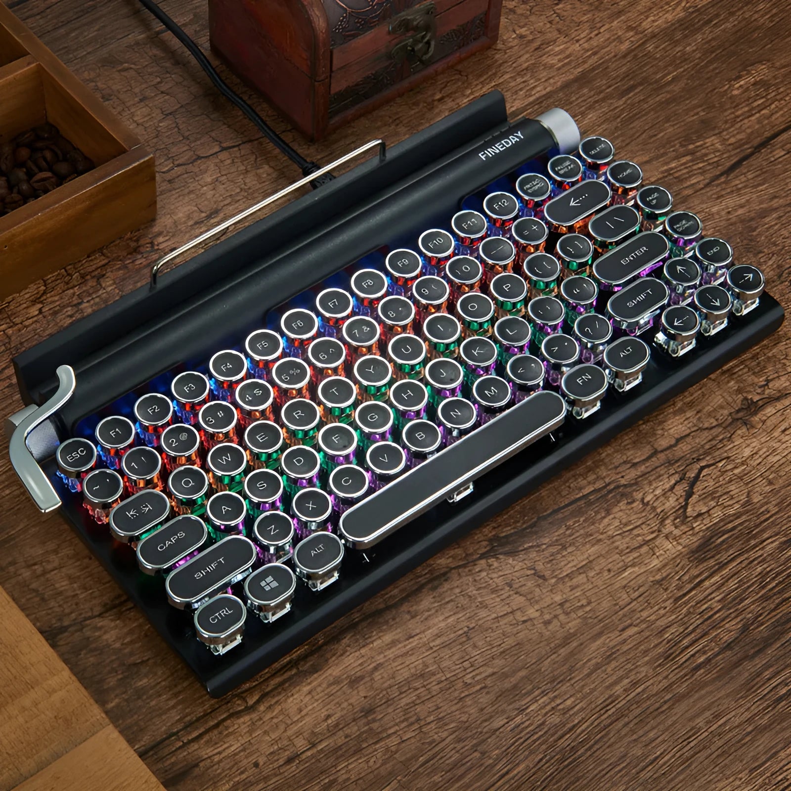 Black retro typewriter mechanical keyboard with backlit keys on a desk