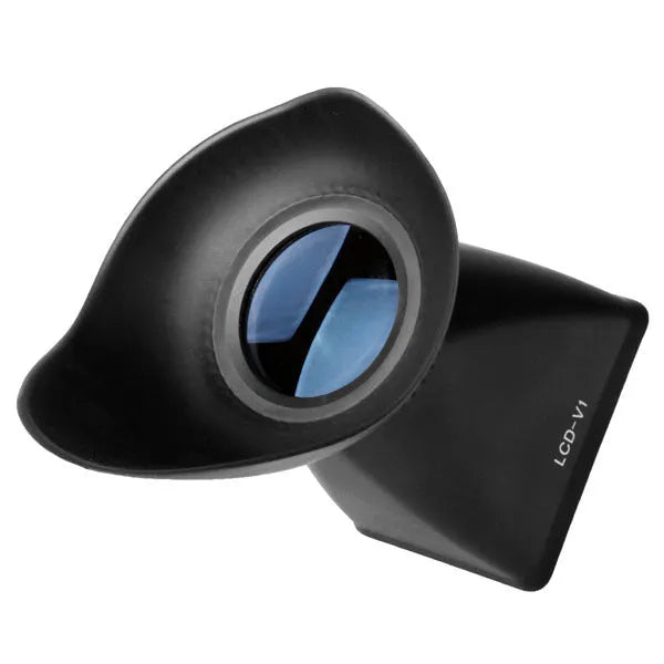Black camera LCD magnifier loupe attached to a DSLR showing a magnified display screen for video shooting.