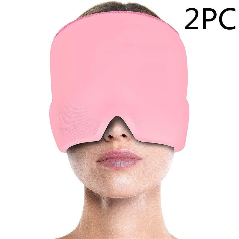 Black elastic cloth gel ice headache relief eye mask showing adjustable headband and cooling gel construction