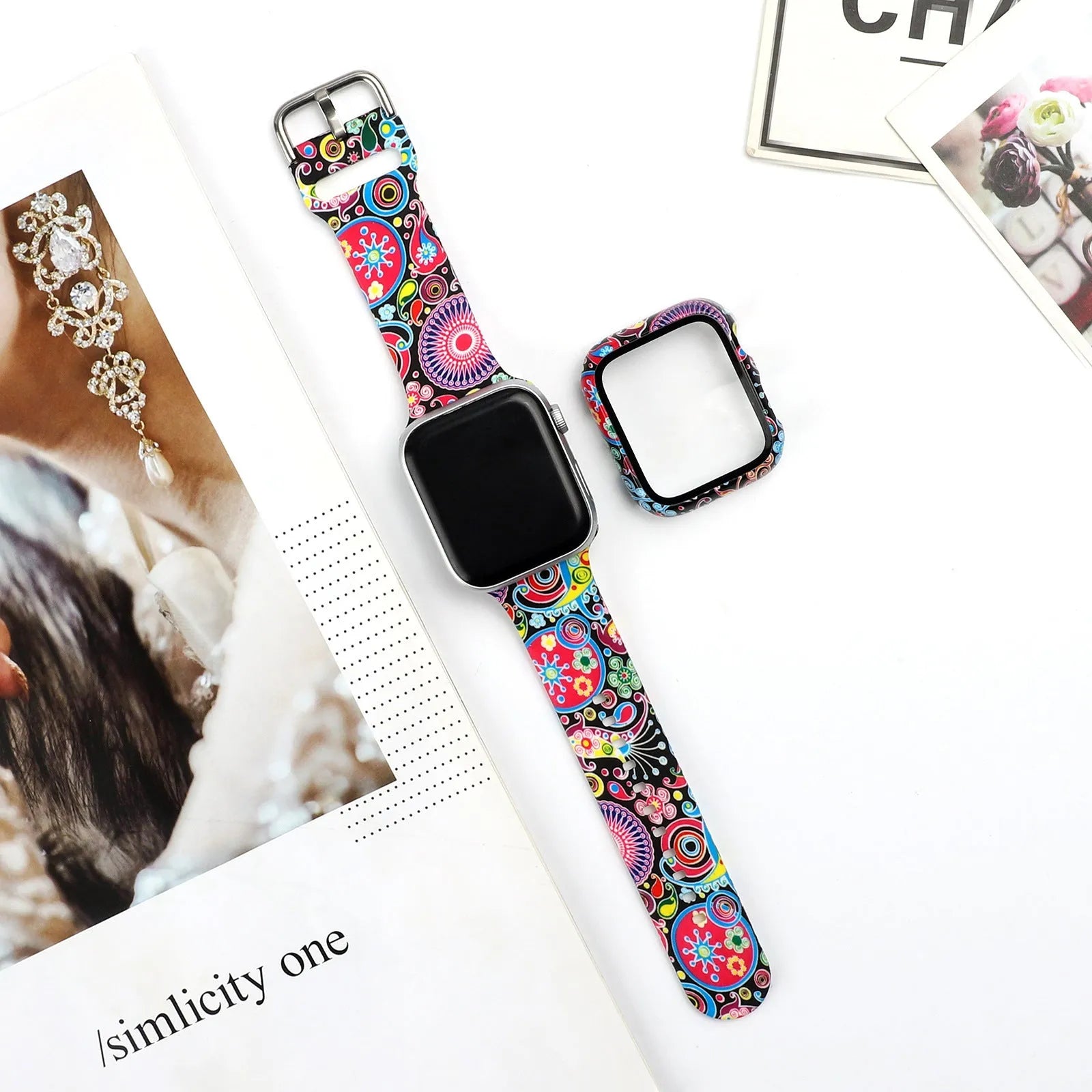 Printed silicone replacement watch strap for Apple iWatch showing multiple design options and size fit.