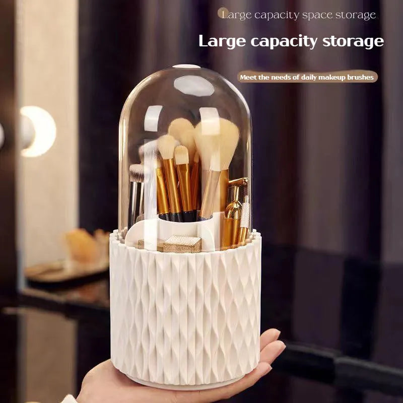 White rotating transparent acrylic makeup brush holder with dust-proof lid on desktop