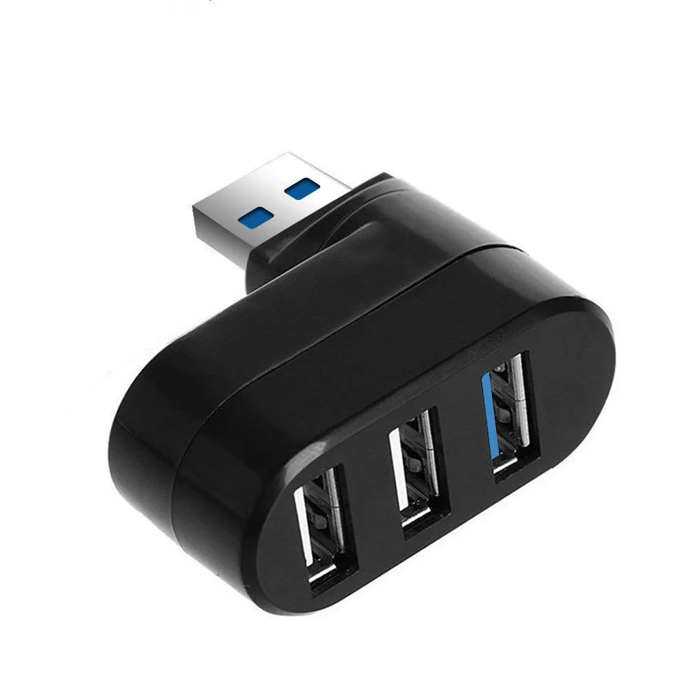 Black USB hub with four ports on a rotating white base, showing dimensions 15.5cm long.