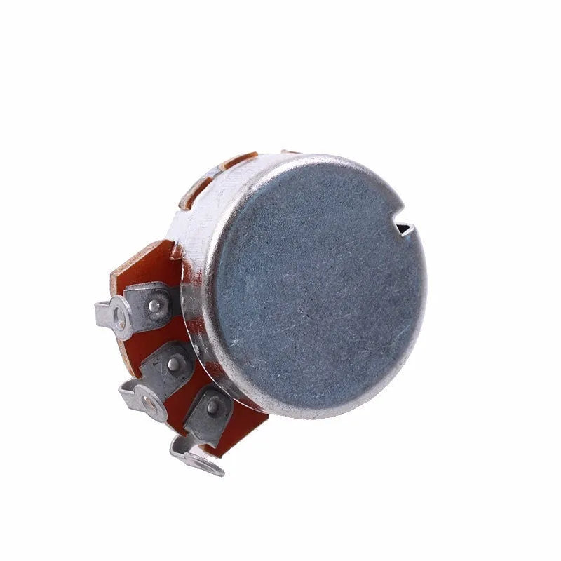 A single metal electric guitar control knob for potentiometers, shown with selection options for 250K or 500K resistance for tone or volume.
