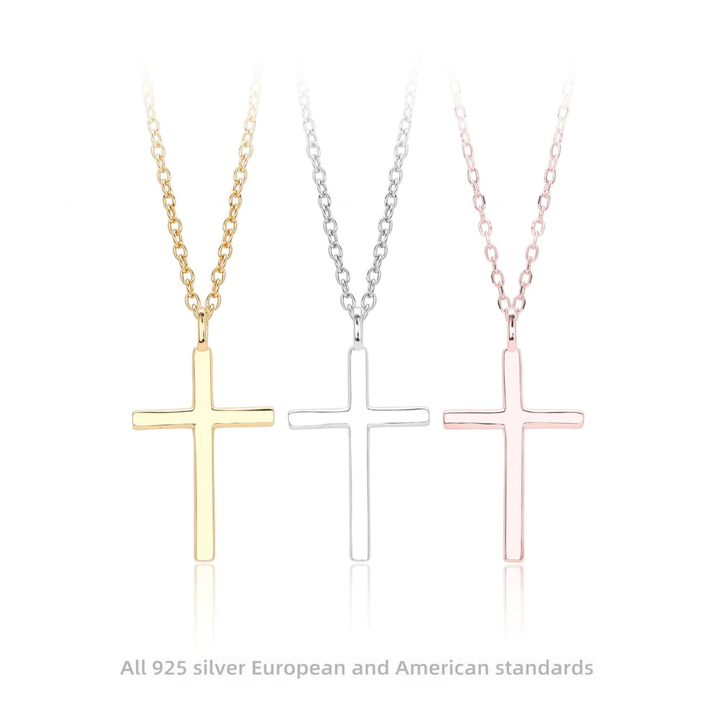 S925 sterling silver necklace with a simple glossy cross pendant on an O-shaped chain in a choice of gold, platinum, or rose gold plating.