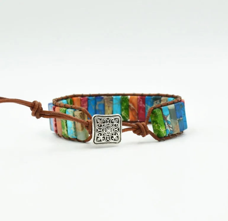 Hand-woven leather bracelet with geometric agate stone, ethnic style, 17cm adjustable knot