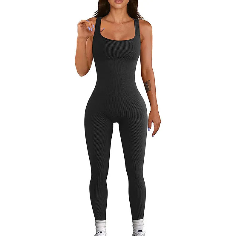 Women's beige spandex suspender tank top tights with long sleeves and button details.
