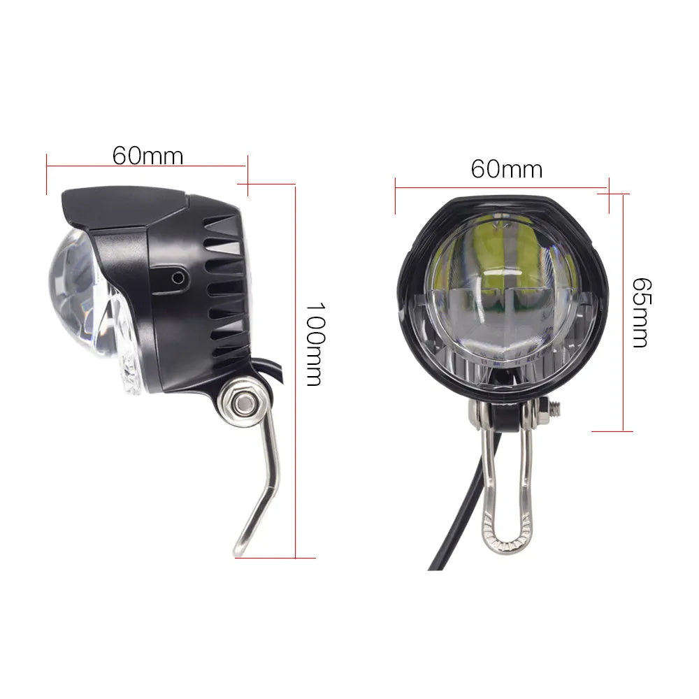 Black electric bike headlight with 3W power and 85 lux brightness, IPX4 waterproof, on handlebar mount