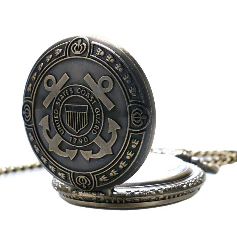 Bronze United States Coast Guard 1790 pocket watch with chain on light background