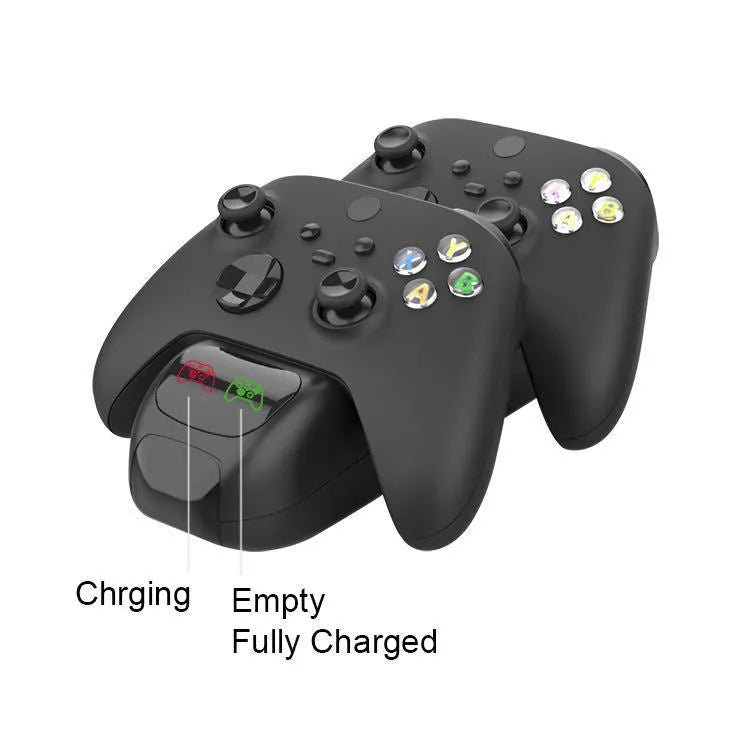 Black Xbox Series X controller charging dock holding two controllers with LED status lights visible.