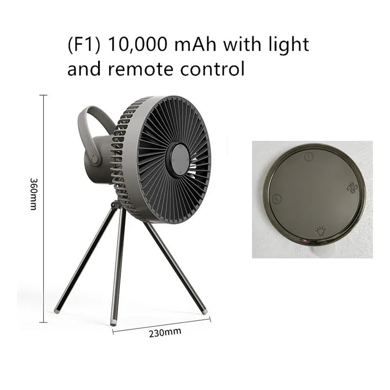 White USB rechargeable camping fan on aluminium tripod showing front view