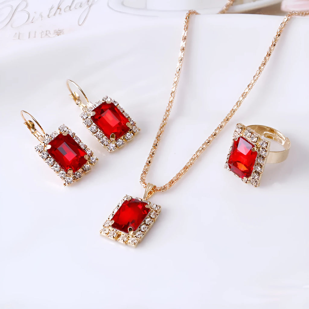 Women's alloy crystal square three-piece jewellery set with necklace, earrings, and ring