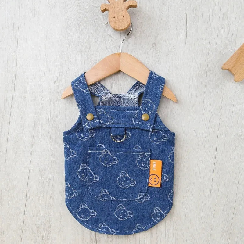 Teddy Bichon small dog wearing denim princess dress with bracket skirt style in HNXD colour