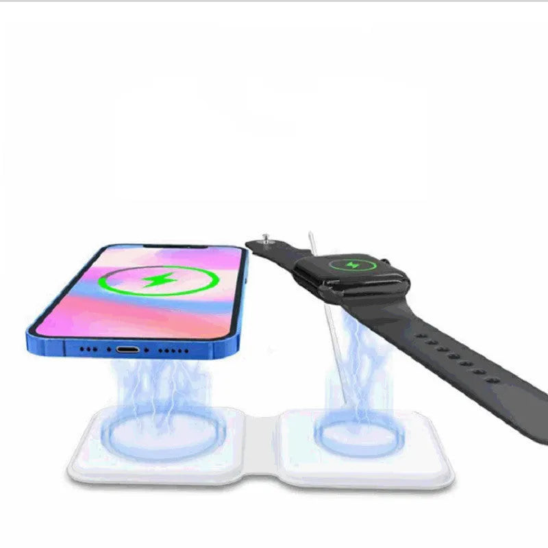 White foldable magnetic wireless charger dock with phone attached, showing angled stand mode.