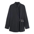 Women's trip-strap poplin shirt with plant and flower print, black, long sleeves, casual pullover style
