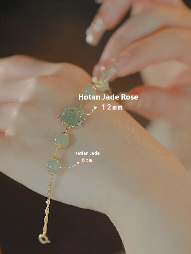 Original national-style women's bracelet with Hetian jade rose motifs and 14K gilded accents