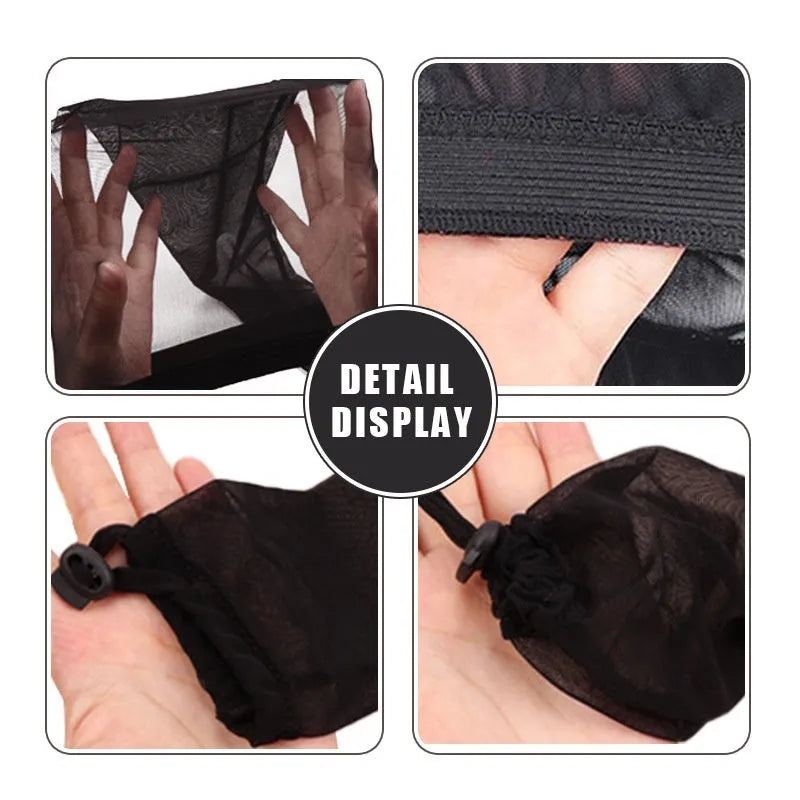 Breathable spandex mesh wig cap in multiple colours including black, pink, and leopard print