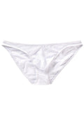 Men's black low-waist nylon brief shorts laid flat, showing triangle brief design and knitted fabric texture.