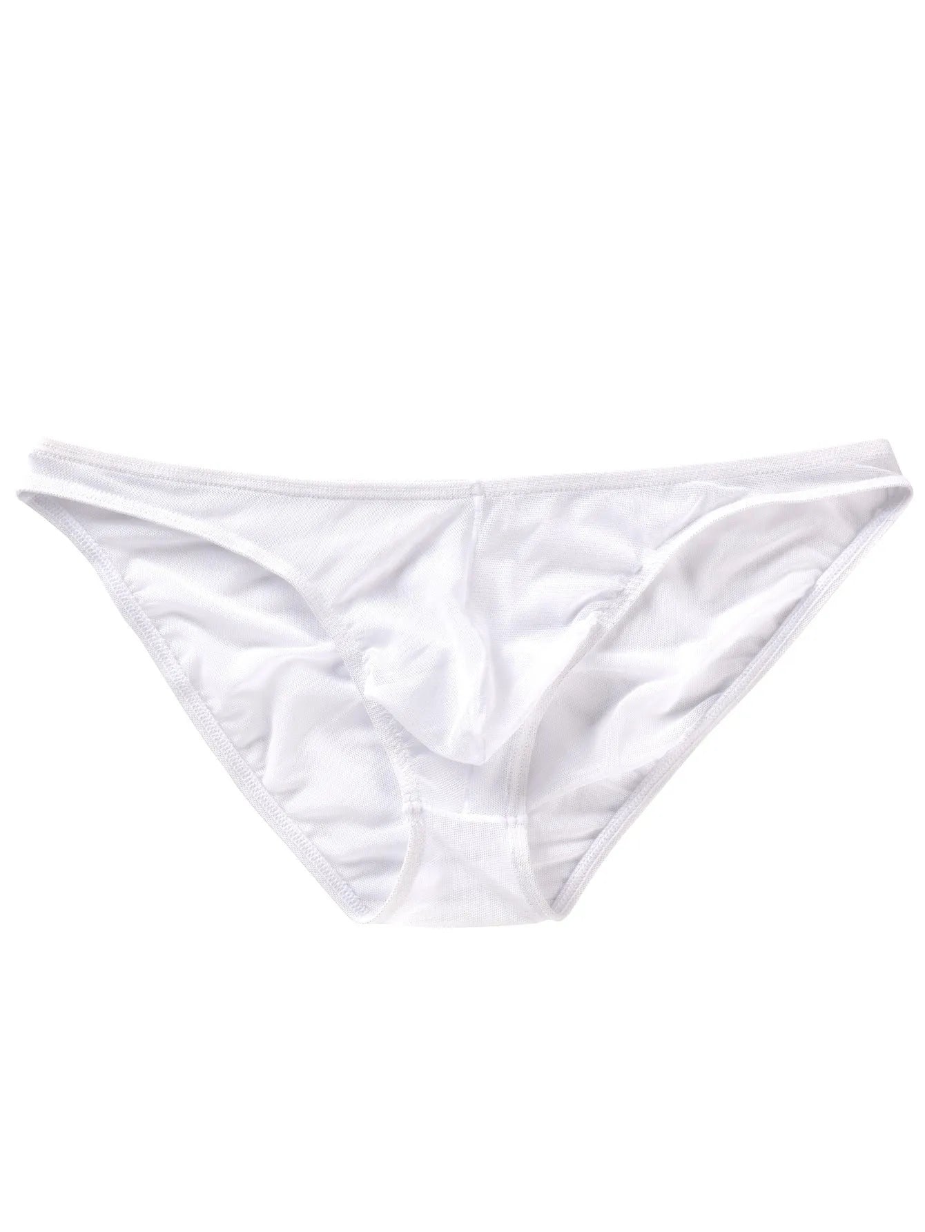 Men's black low-waist nylon brief shorts laid flat, showing triangle brief design and knitted fabric texture.